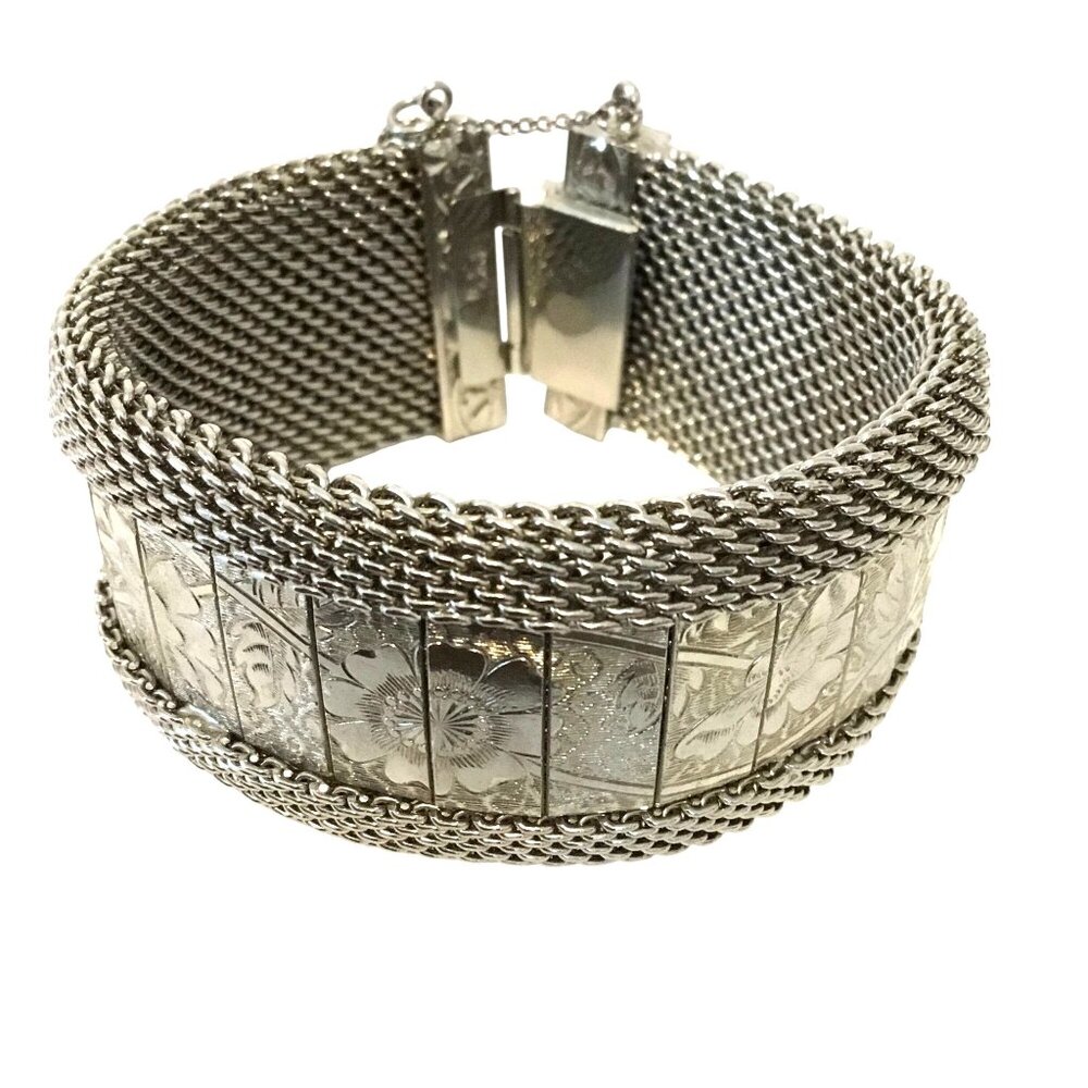 HOBE VTG Signed Wide Floral Etched Mesh Bracelet Silver Tone Statement Art Deco